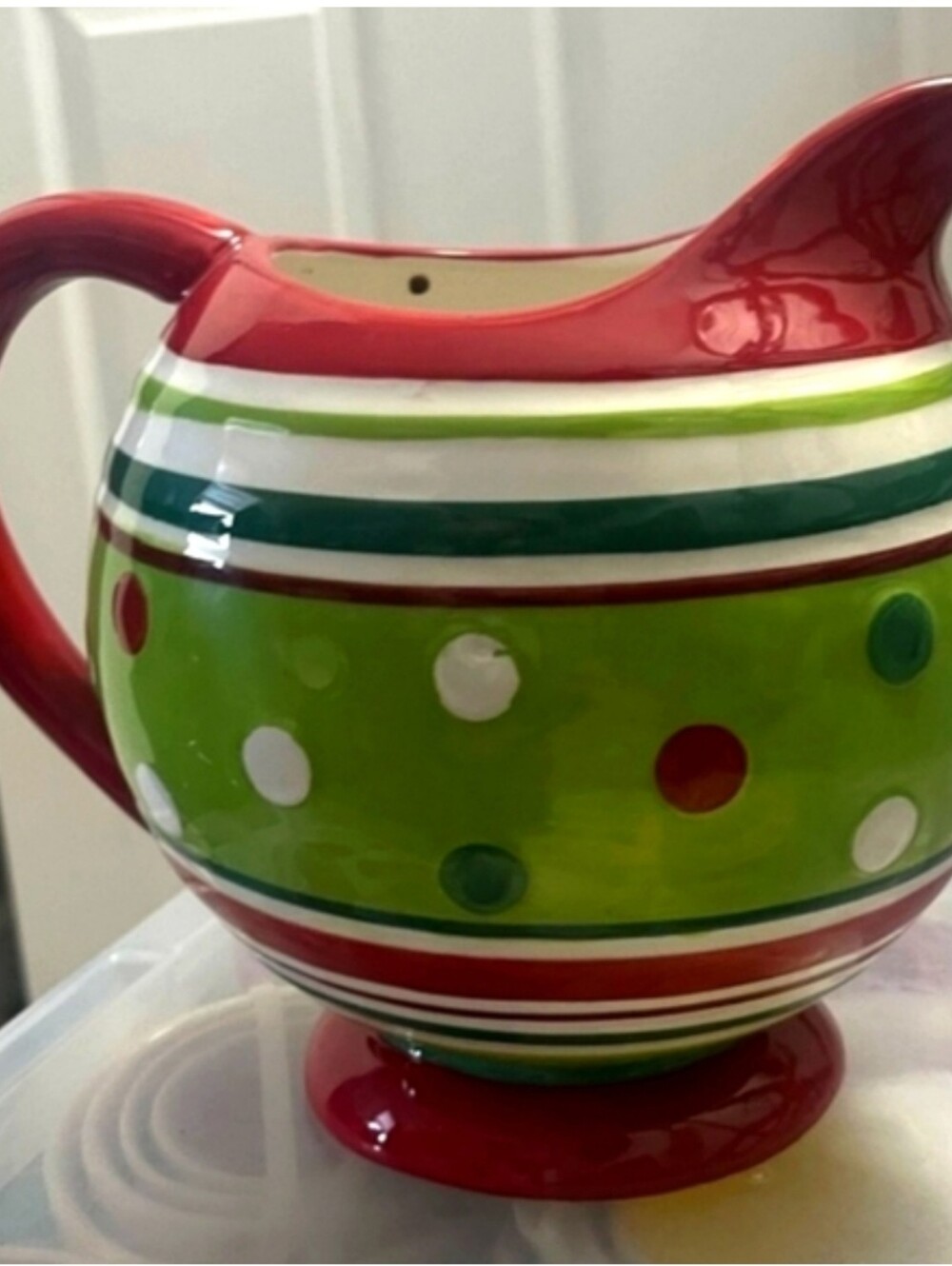 Large Festive Red and Green Polka Dot Ceramic Pitcher - Home Holiday